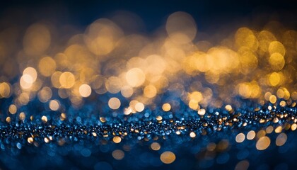 The image shows an abstract background with blurred blue and gold bokeh lights, creating a sparkling and shimmering effect.