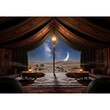 © Hari - A serene desert night scene inside a traditional tent, illuminated by warm lamps, showcasing a crescent moon and starry sky.
