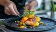© Studicon - A plated dish features a grilled chicken breast topped with a vibrant mango salsa, microgreens, and a light glaze, presented on a dark-colored plate.