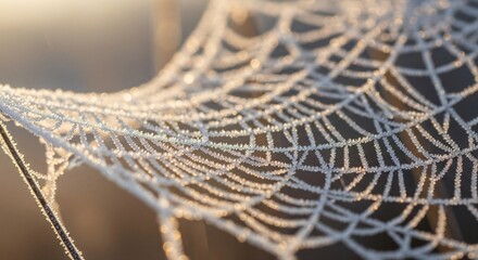Close up of a delicate spider web covered in morning dew.
