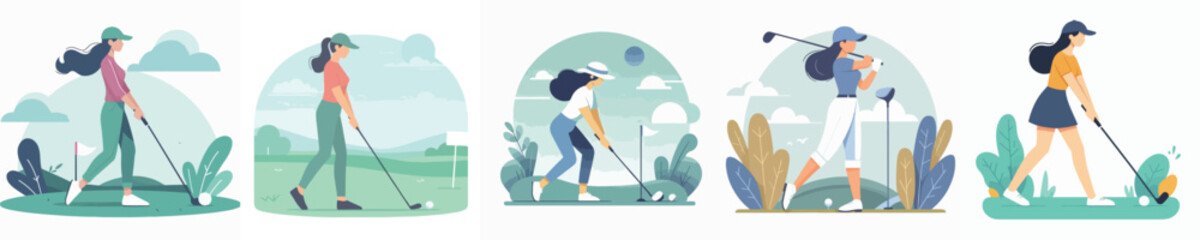 woman playing golf in simple and minimalist flat design vector style