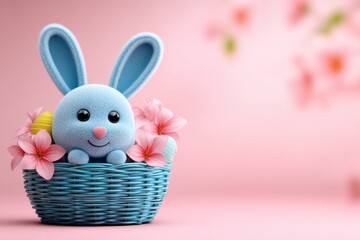 Smiling blue easter bunny in woven basket