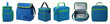 © PixeloAI - Blue and green insulated lunch bag set including cooler, backpack, and open versions isolated. Food storage and travel collection.