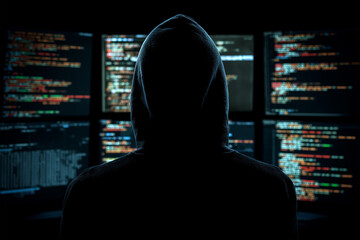 Mysterious figure working at multiple computer screens in dark room