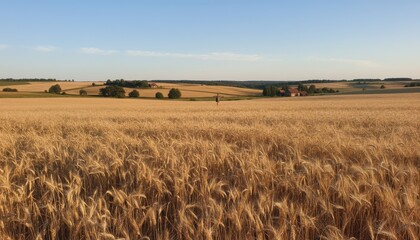 Wall Mural - Medium shot of golden heirloom wheat fields swaying gently under a clear sky capturing the rich textures and traditional farming methods in rural landscapes.