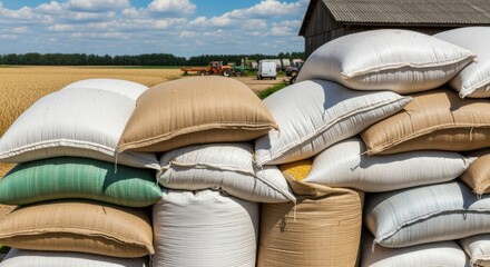 Wall Mural - Medium shot of a diverse stack of grain bags on a farm featuring varied materials for temporary storage with clear natural background and a close look at textures.