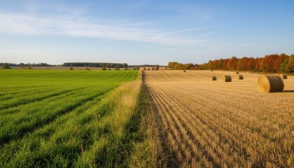 Wall Mural - Medium shot focusing on seasonal transition in hay fields presenting contrasted colors and varying growth stages from spring to autumn.
