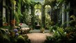 © Bery - Lush conservatory with vintage sofa and abundant foliage creating a serene botanical space