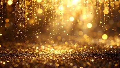Sparkling golden bokeh background with light streams and shimmering glitter on a textured surface. Focused and diffused
