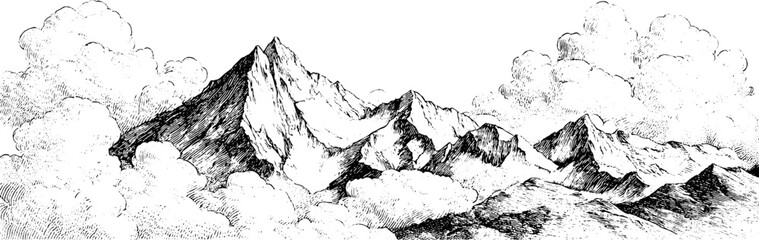 Wall Mural - Ornamental vintage frame with mountain landscape sketch