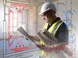 © Grispb - Engineer reviews construction blueprints and ventilation system plans inside building site. Technical documentation analysis ensures accurate installation of infrastructure and project compliance.