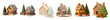© SRITE KHATUN - Decorated gingerbread house and Christmas tree set including classic, frosted, and whimsical styles isolated. Holiday season dessert and winter celebration collection.