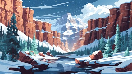 Snowy canyon with a frozen river and pine trees