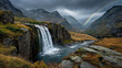 © Veljko - Icelandic waterfall crashing into mossy cliffs, rainbow in the mist, dramatic overcast sky, wide panoramic composition