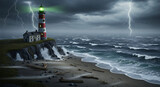 A dramatic lighthouse stands on a cliff overlooking a stormy sea with lightning striking.