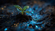 © Strother - A small green plant sprouting from soil on a glowing, dark circuit board. A concept of greentech, sustainable technology, innovation, and the harmony of nature.