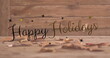 © vectorfusionart - Image of happy holidays text over autumn leaves on wooden background