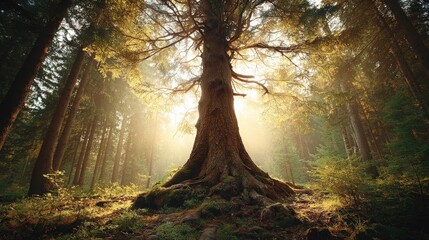 Wall Mural - Majestic Forest Giant: Sunlight Streaming Through Ancient Trees in a Lush, Verdant Woodland Landscape