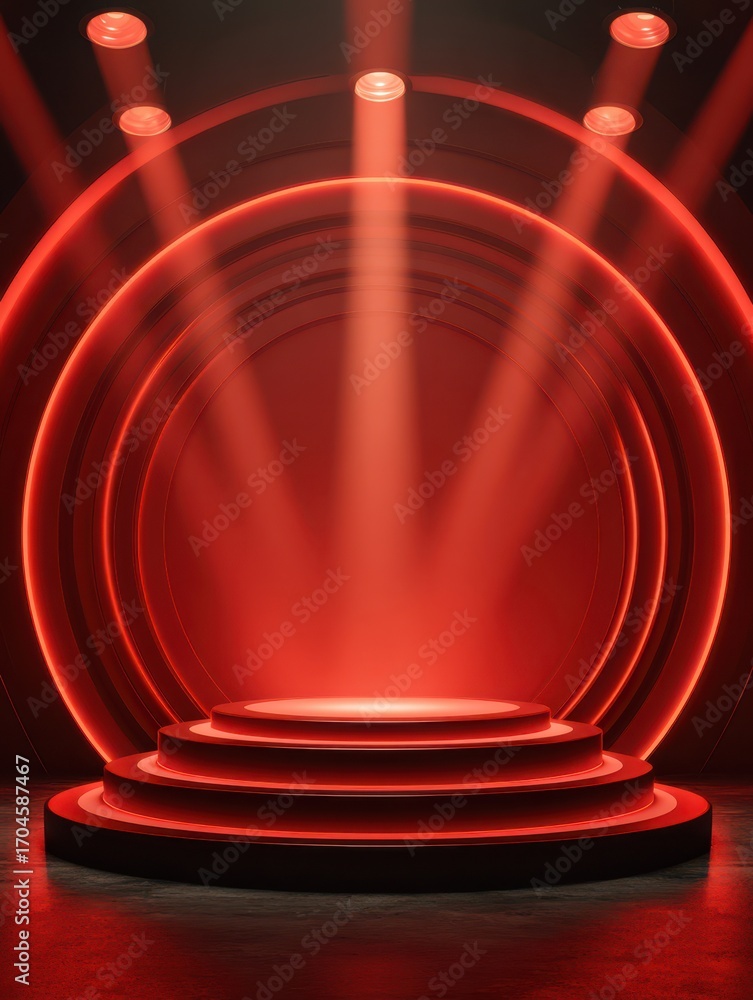 Glowing red circular stage with layered steps and concentric arcs ...