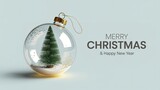 Christmas tree inside a clear bauble with merry christmas and happy new year text on light blue background