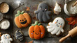 © RB 4k Photo  - Overhead shot of halloween themed sugar cookies with icing and sprinkles on a baking sheet surface
