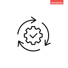 Black single round gear update confiremed line icon, simple cogwheel process flat design vector pictogram, infographic interface elements for app logo web button ui isolated on white background