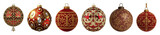 Luxury red and gold Christmas ornament set including various ornate designs isolated. Elegant holiday season decoration collection.