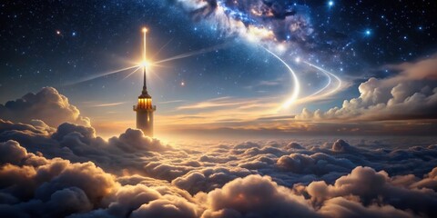 Wall Mural - Celestial Tower Above a Sea of Clouds at Sunrise with a Starburst and Nebulous Swirls