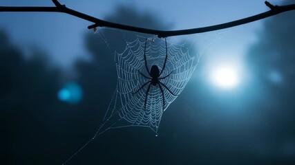 Mysterious outdoor scene featuring spider its web hanging from tree branch during dusk, illuminated by soft evening light, highlighting intricate spider web and arachnid silhouette natural environment
