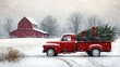 © Hal - Red vintage pickup truck carrying a Christmas tree with red bows through a snowy rural landscape near a red barn under a gray winter sky with falling snowflakes