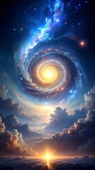 Wall Mural - Vibrant cosmic spiral with swirling nebula, stars, and clouds over mountain ranges, creating a sense of celestial wonder and ethereal beauty.