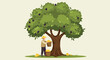 © Lentera - Flat Pixel Illustration of Man Harvesting Golden Fruit from a Large Tree in a Rural Setting