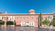 Patriarch's College Square in Valencia timelapse, featuring fountain with sculptures. Spain