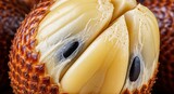 Close-up of a salak fruit cut open to reveal juicy segments, a tropical delicacy with a unique taste.