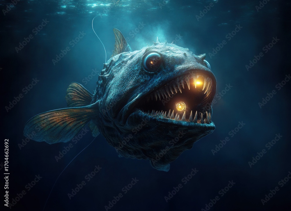 Deep sea anglerfish with bioluminescent lure glowing inside its wide ...