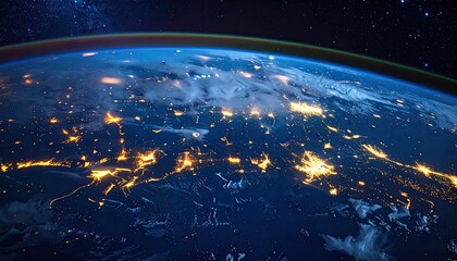 earth at night, illuminated by city lights. vast expanse of dark blue-toned planet with a prominent 