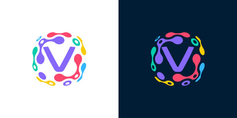 colorful abstract digital technology with letter V, for technology, data, network, connection and computer