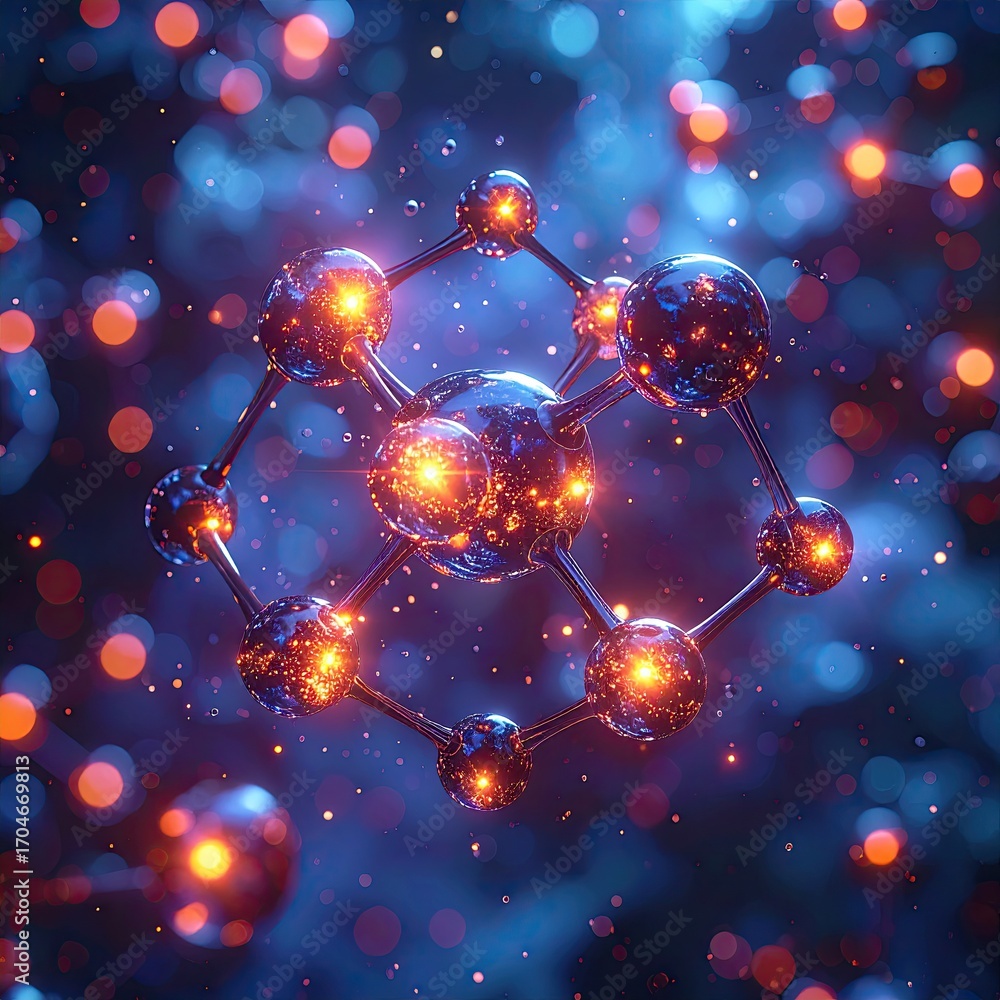 3D model of a complex molecule, glowing orbs connected by metallic rods ...