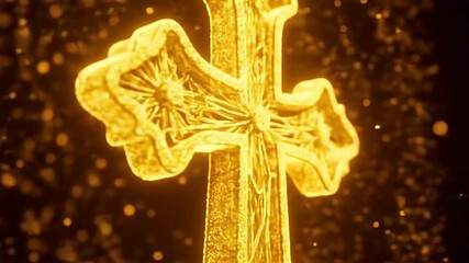 Illuminated Golden Cross with Sparkling Particles in the Dark Background