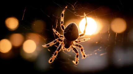 A spider is sitting on a web in the dark