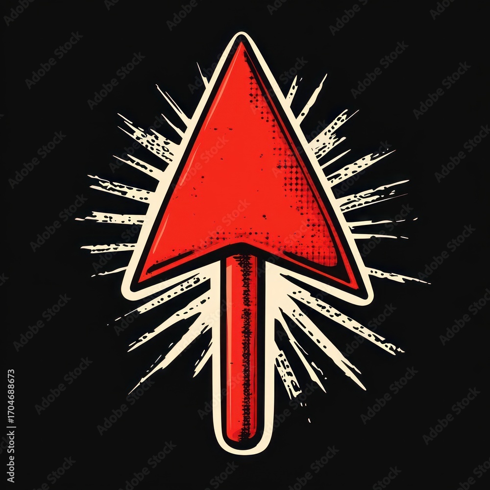 Large red arrow pointing upward with dynamic burst rays on black ...