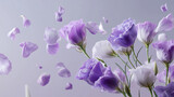 Delicate Purple and White Lisianthus Flowers and Petals Gently Falling on Soft Pastel Background – Minimal and Elegant Floral Concept. Generative AI.