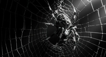 Arachnid's lair intricate spiderweb with arachnid in captivating monochrome composition