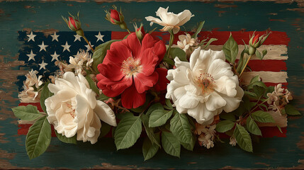 Wall Mural - American Flag With White Roses Laid On Wooden Background Celebrating Memorial And National Holidays