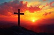 © tiger - A wooden cross standing on a rocky hill silhouetted against a vibrant red and orange sunset with dramatic clouds and distant mountains