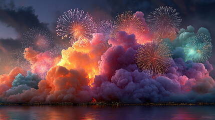 Wall Mural - Colorful fireworks lighting up the sky for new year celebration background festive display