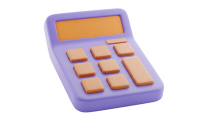 Purple calculator with orange screen and buttons isolated on a transparent background