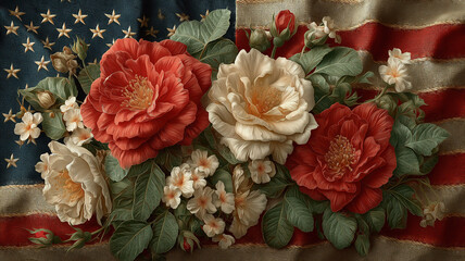 Wall Mural - Usa american flag with roses honoring national pride and patriotic celebrations background