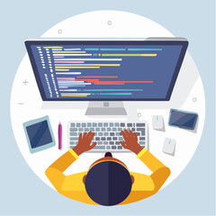 Programmer coding at desk, top-down view, computer screen displaying code, hands typing.