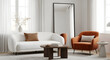 © Jari Magic - Modern minimalist living room interior design with white sofa orange armchair and wooden coffee table